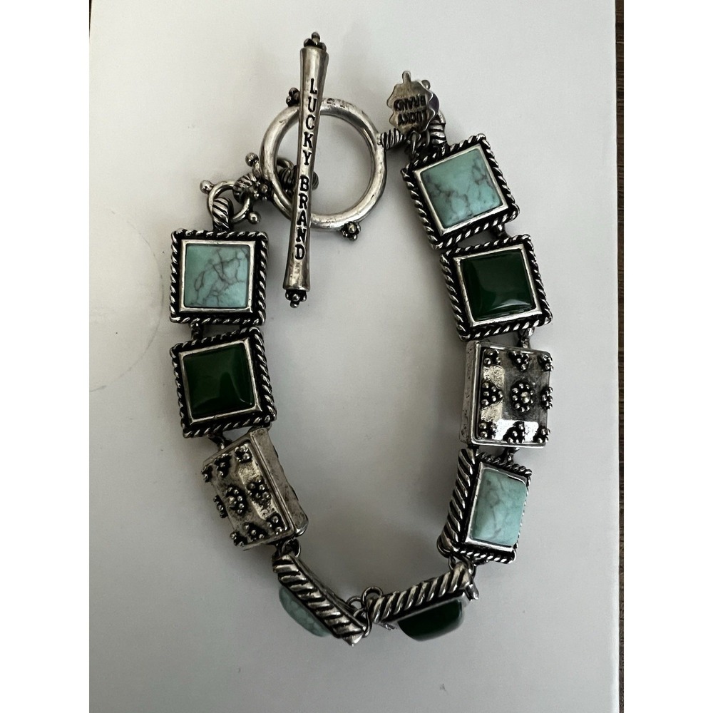 Ornate Lucky Brand VTG Green Turquoise Flower Cabochon Bracelet Silver Tone Boho - Picture 5 of 14